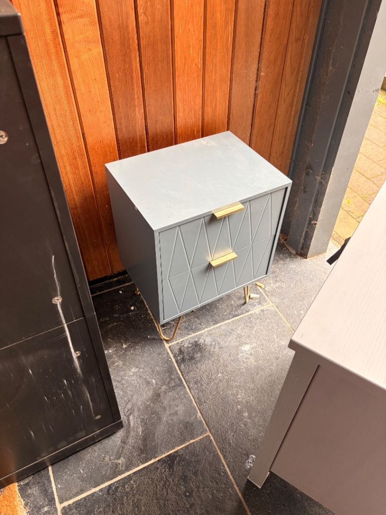FREE Grey Bedside Table with Gold Handles and Legs – Good Condition