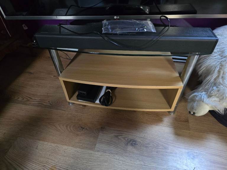 Glass Top Beech Wood TV Stand with Shelving