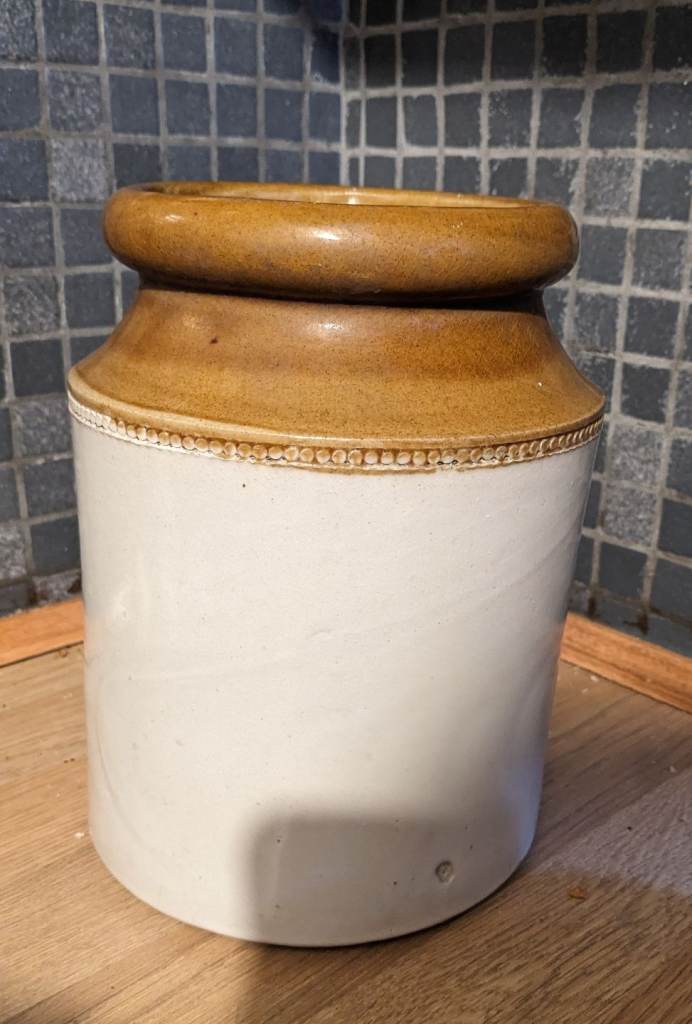 Large vintage salt glaze stoneware jar utensil holder 