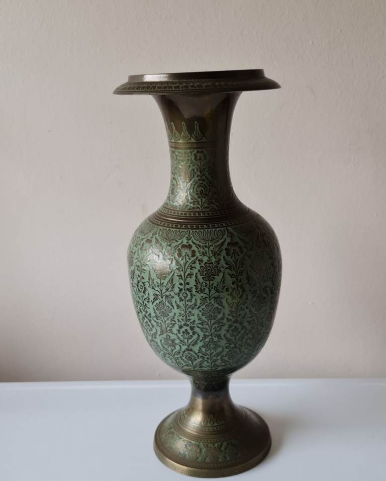 Vintage Niello Green Enamel & Brass Pot Vase