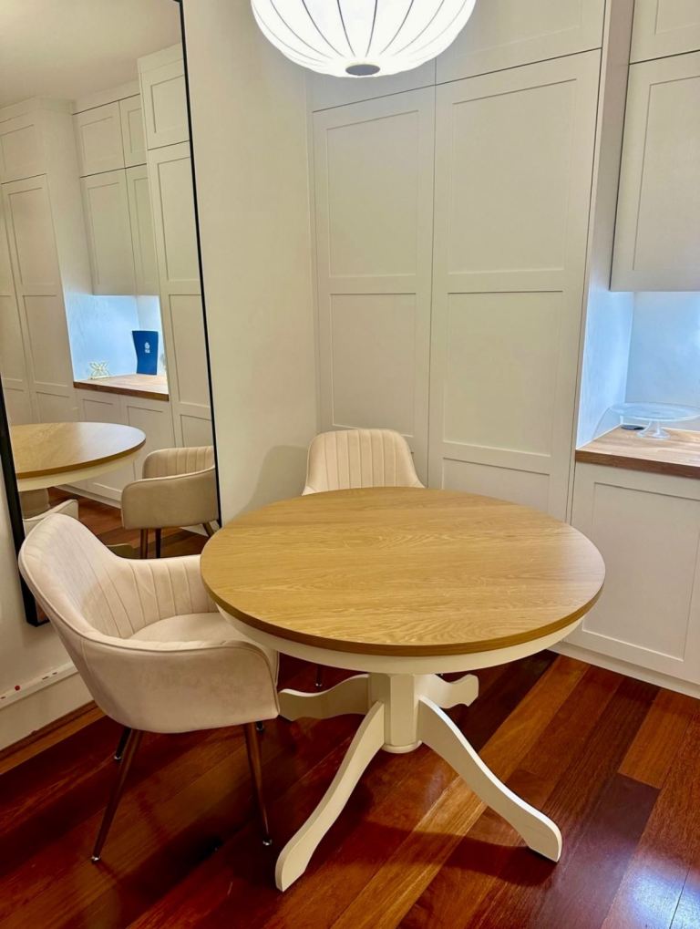 Beautiful Luxurious Set of 1 Round Solid Wood Dining Table and 2 Velvet Gold Dining Chairs