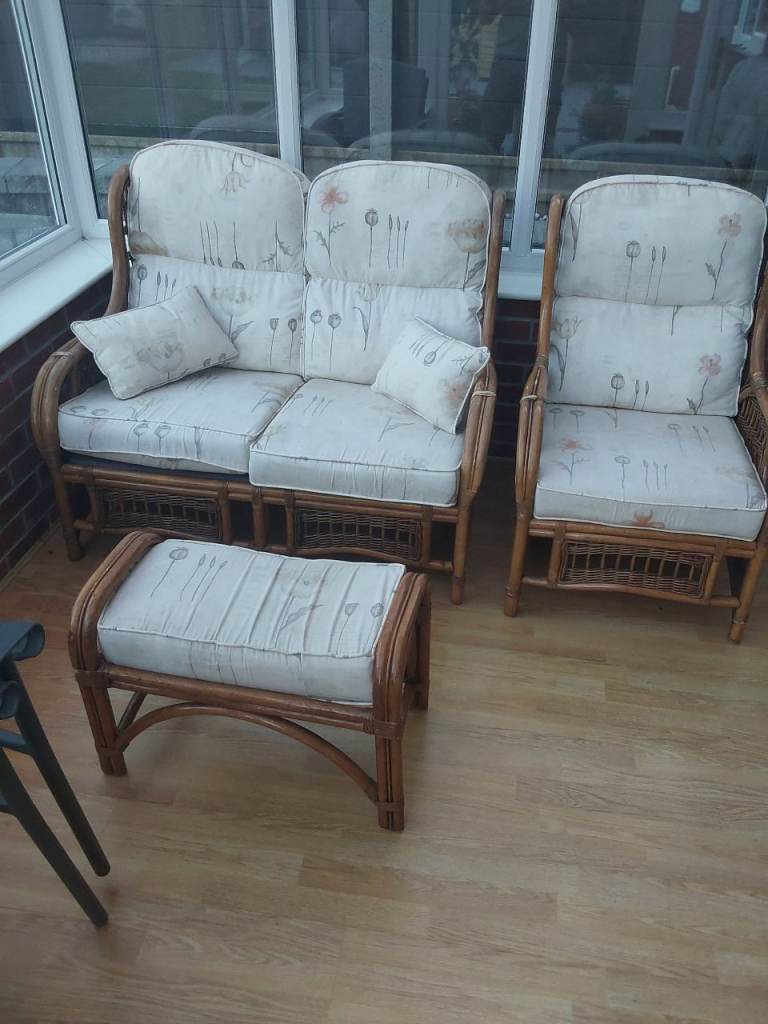 CONSERVATORY CANE FURNITURE, SETEE,CHAIR, ROCKING CHAIR, FOOTSTOOL,GLASS TOP COFFEE TABLE