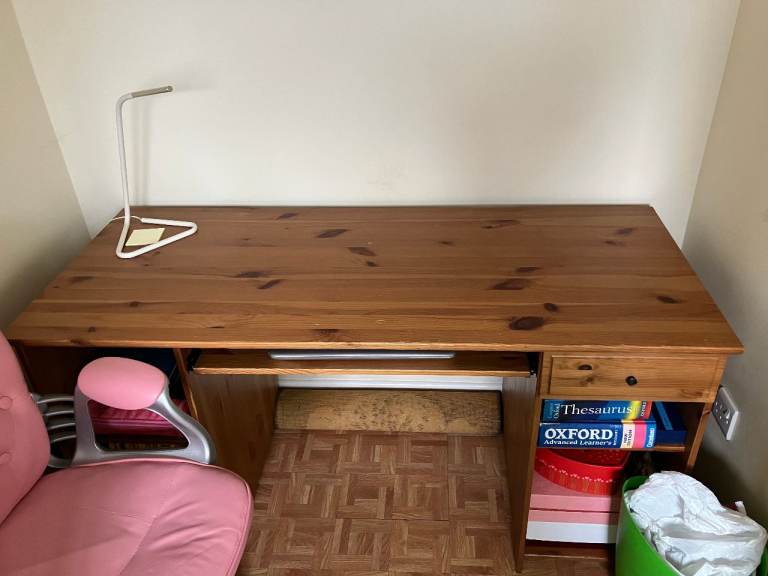 Wooden Desk with Pull-Out Keyboard Tray and Shelving