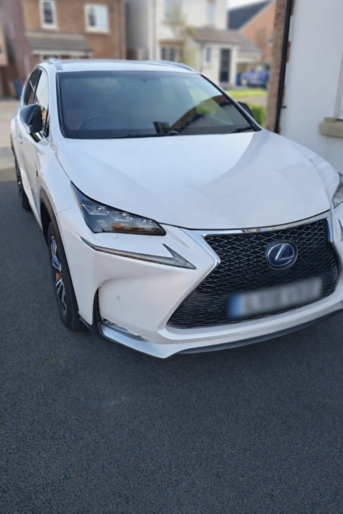 Pearl White Lexus NX300H F sport with red leather leather interior 