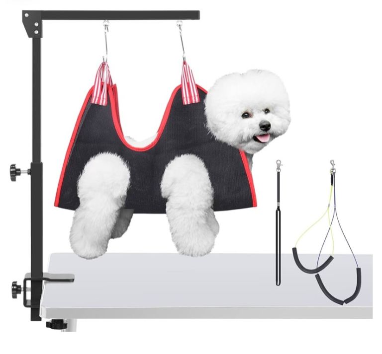 Dog Grooming Arm with Clamp, Adjustable Dog Grooming Table Arm with Two No Sit Haunch Holder & Ham
