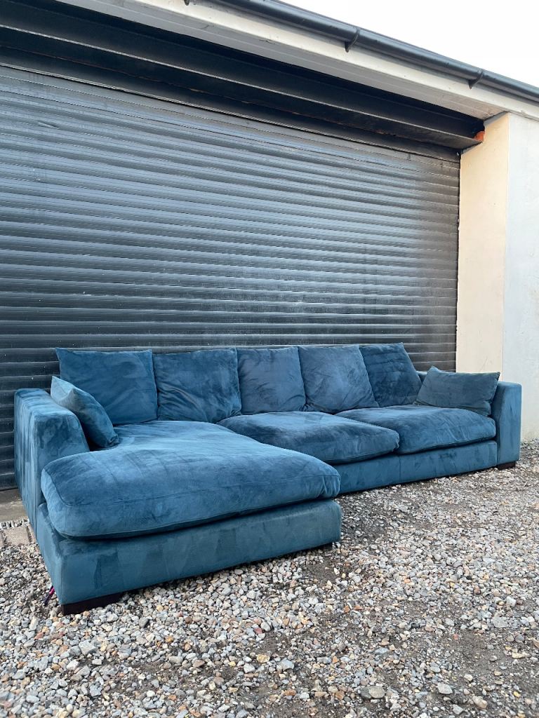 Large blue velvet DFS L shaped corner sofa - DELIVERY AVAILABLE!