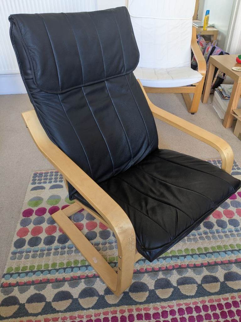 IKEA Poäng Armchair – Black Leather & Wood, Good Condition