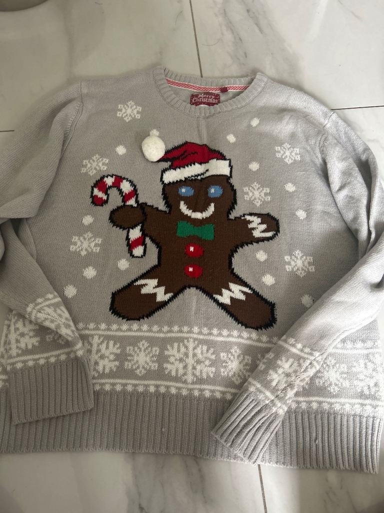 Gingerbread Man Christmas Jumper – Grey, Good Condition