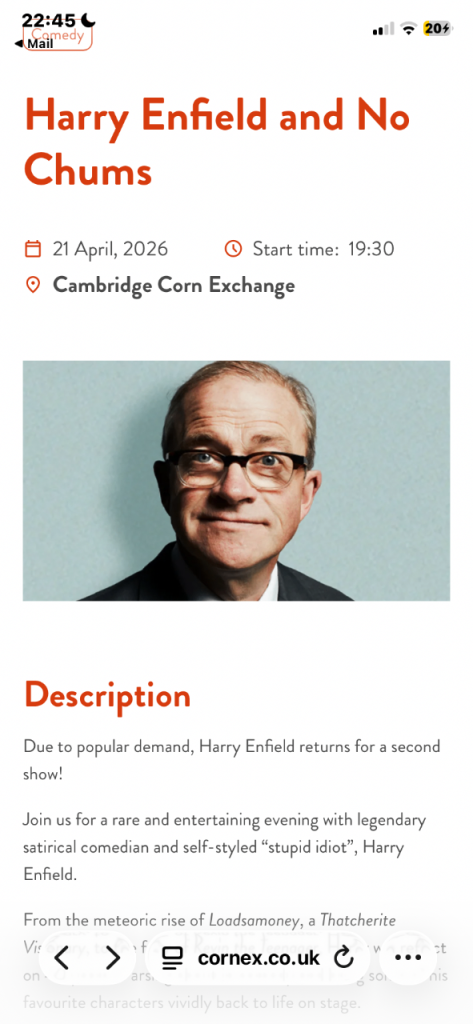 Harry Enfield no chums 2 x tickets