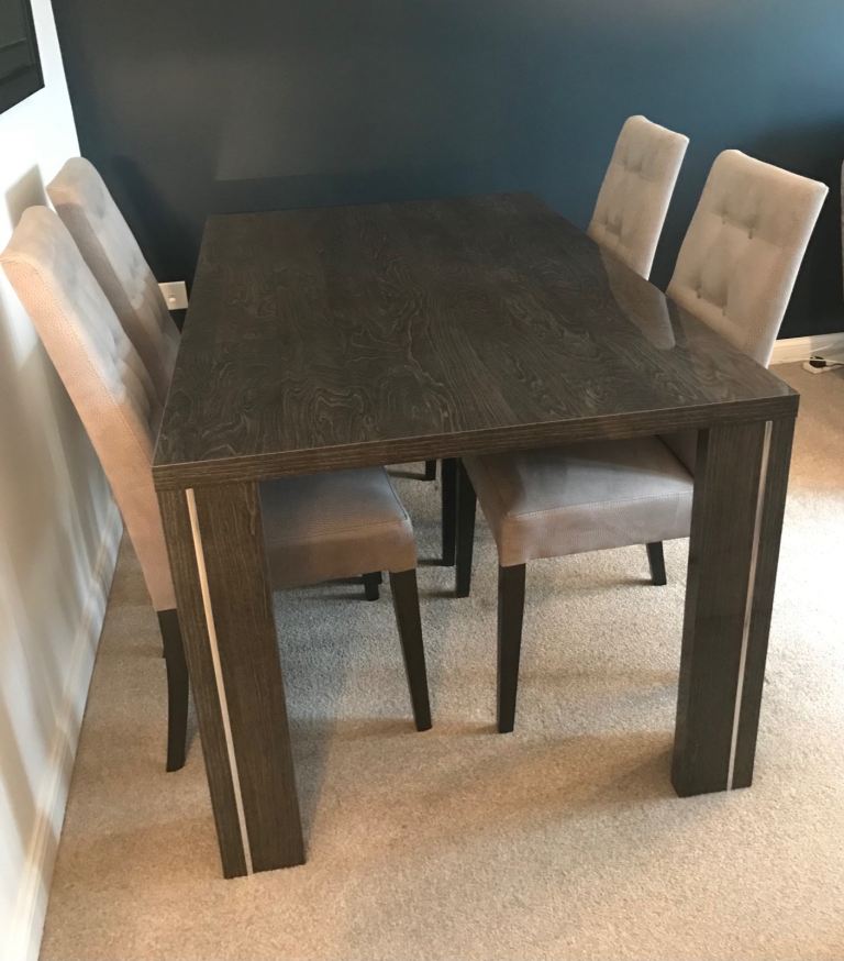 Beautiful Italian dark grey high gloss dining table and four chairs