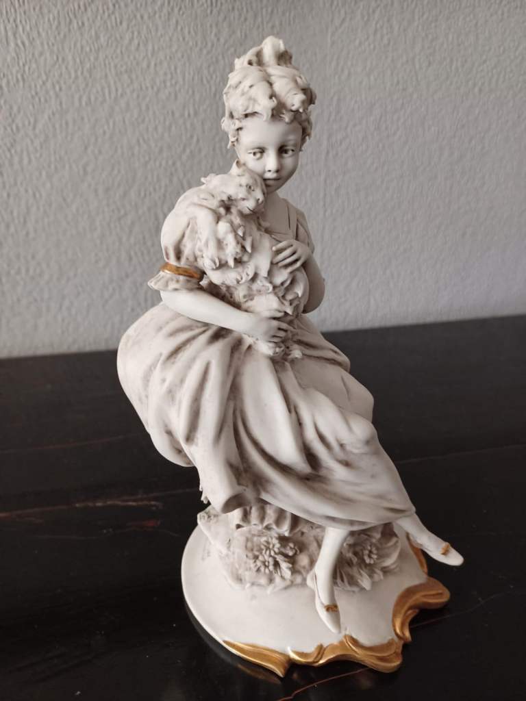 Triade Figurine - Girl with Cat - by M. Gianesin Bisque Porcelain Italian