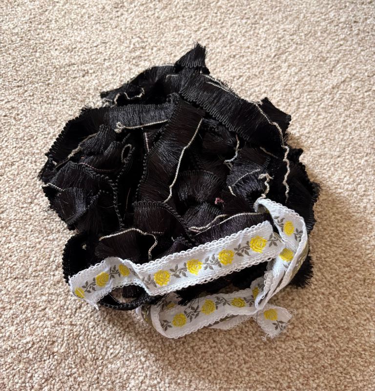 Black Fringe Trim and White Yellow Rose Ribbon for Crafts