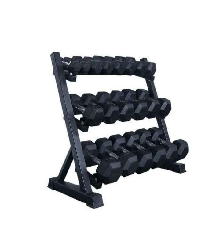 3 Tier Dumbbell storage racks with 10 pairs of Hex Dumbbells all Brand-new in boxes