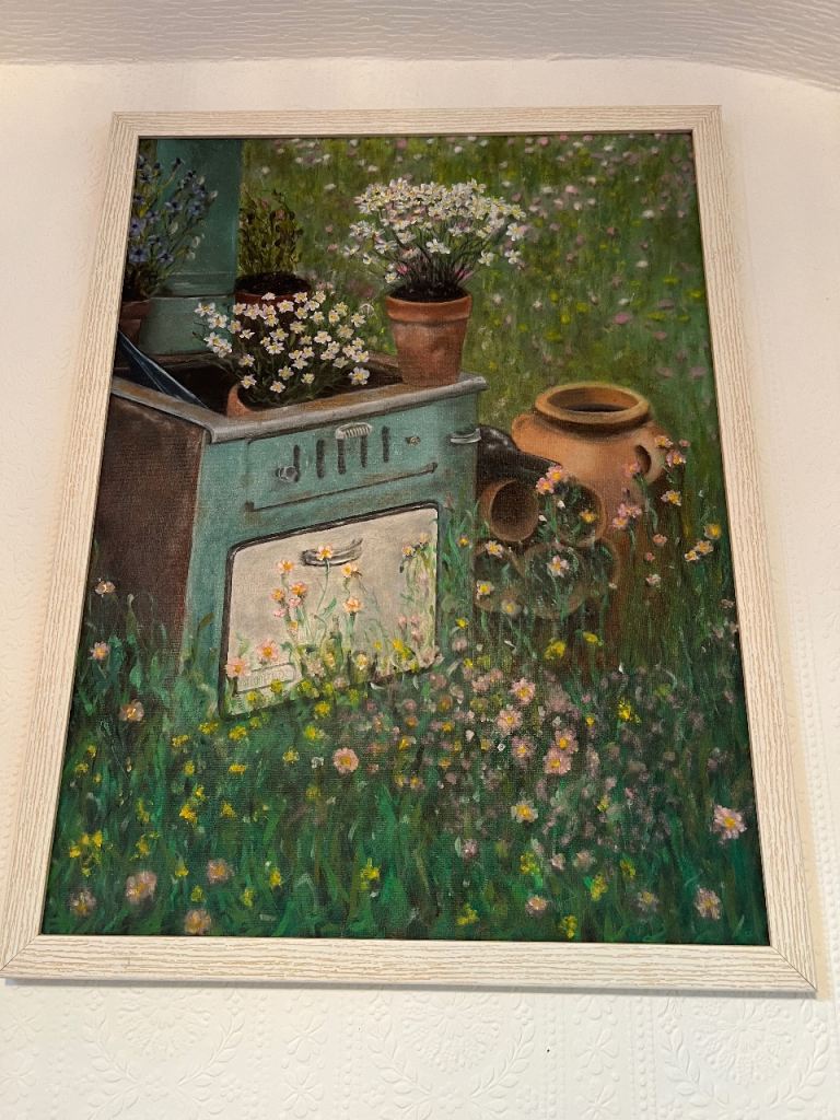 Charming Garden Scene Painting in White Frame
