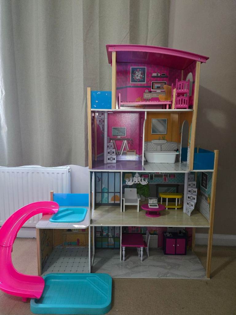 Large Wooden Dolls House with Furniture and Slide