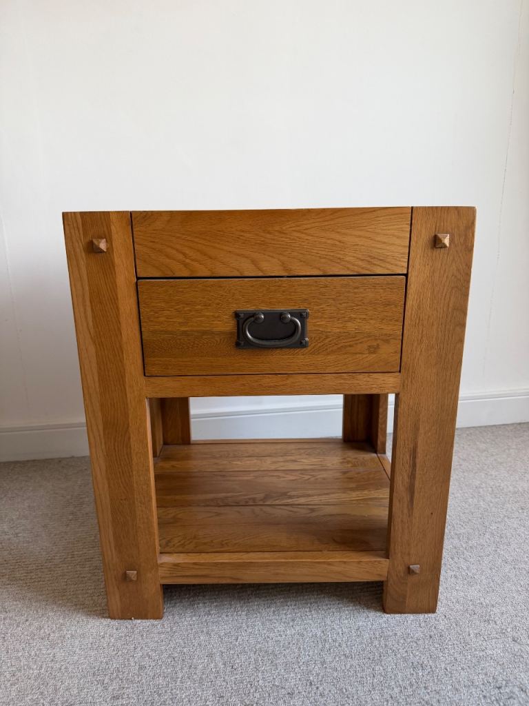 Solid Oak Bedside Table with Drawer and Shelf
