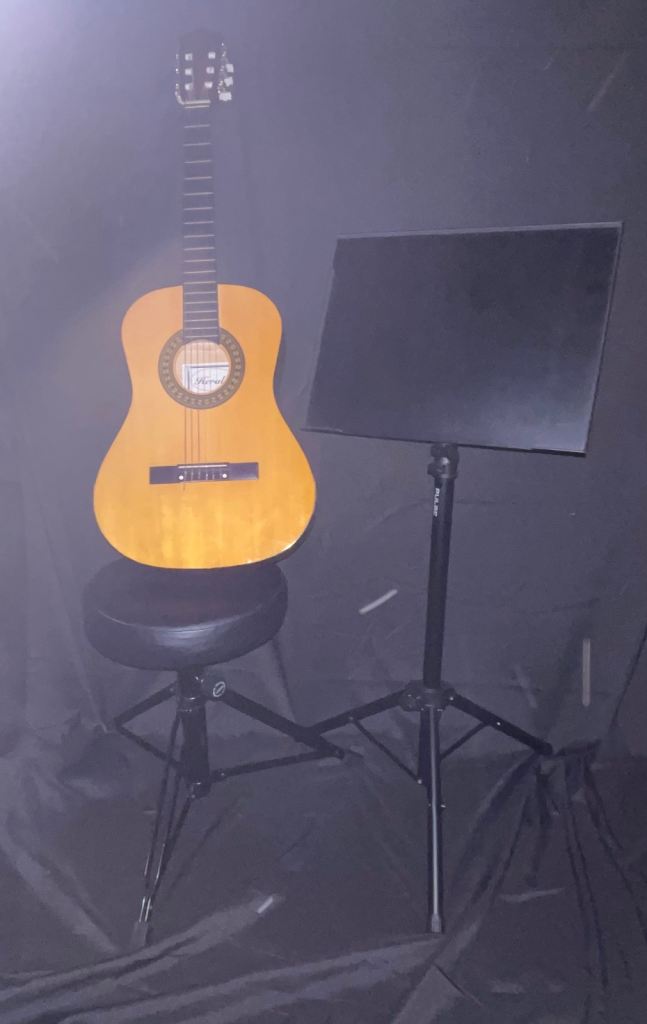 Acoustic Guitar, Stool & Music Stand - £55