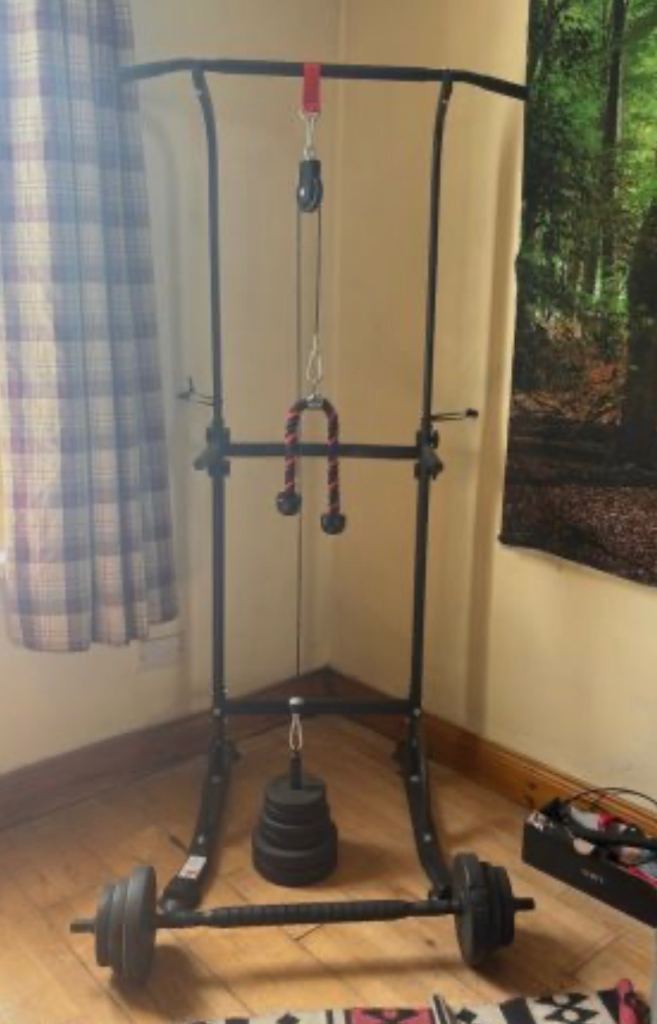 Power tower, full cable fly set, 20kg weights with adjustable barbell, 2 dumbbells 
