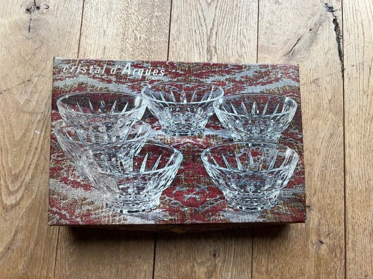  Set of six Cristal d'Arques Genuine Lead Crystal Bowls from France in original box.