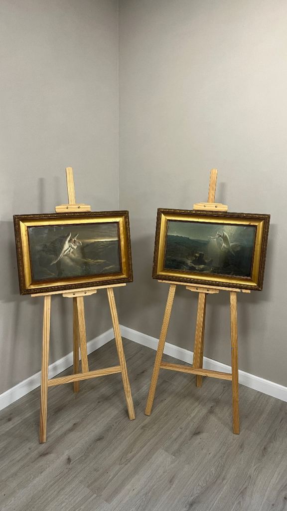 Pair Antique Late 19thC Glazed Oleograph Pictures in Gilt Frames Classical Angel Scenes