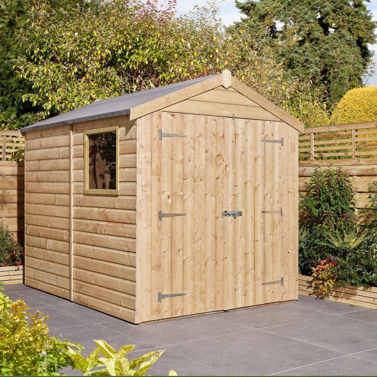 Shed, Brand New Rowlinson Shiplap 8x6 ft Apex Wooden Pressure treated 1 door Shed with floor & 1 win