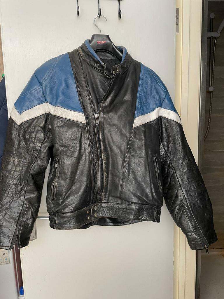 BLACK, BLUE & WHITE SPORTEX IMOLA LEATHER MOTORCYCLE JACKET UK SIZE 44/EUR 54 
