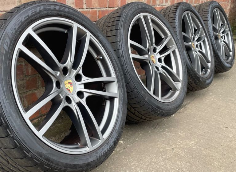 Genuine Porsche Cayenne Turbo Design GTS 21” Grey Alloy Wheels + Tyres 9Y0 Set