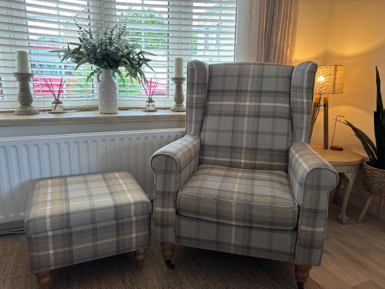 Oswald Dunelm tartan wing armchair and footstool