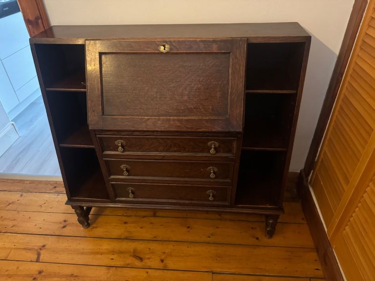 Solid Wood Vintage Bureau Writing Desk with Shelving