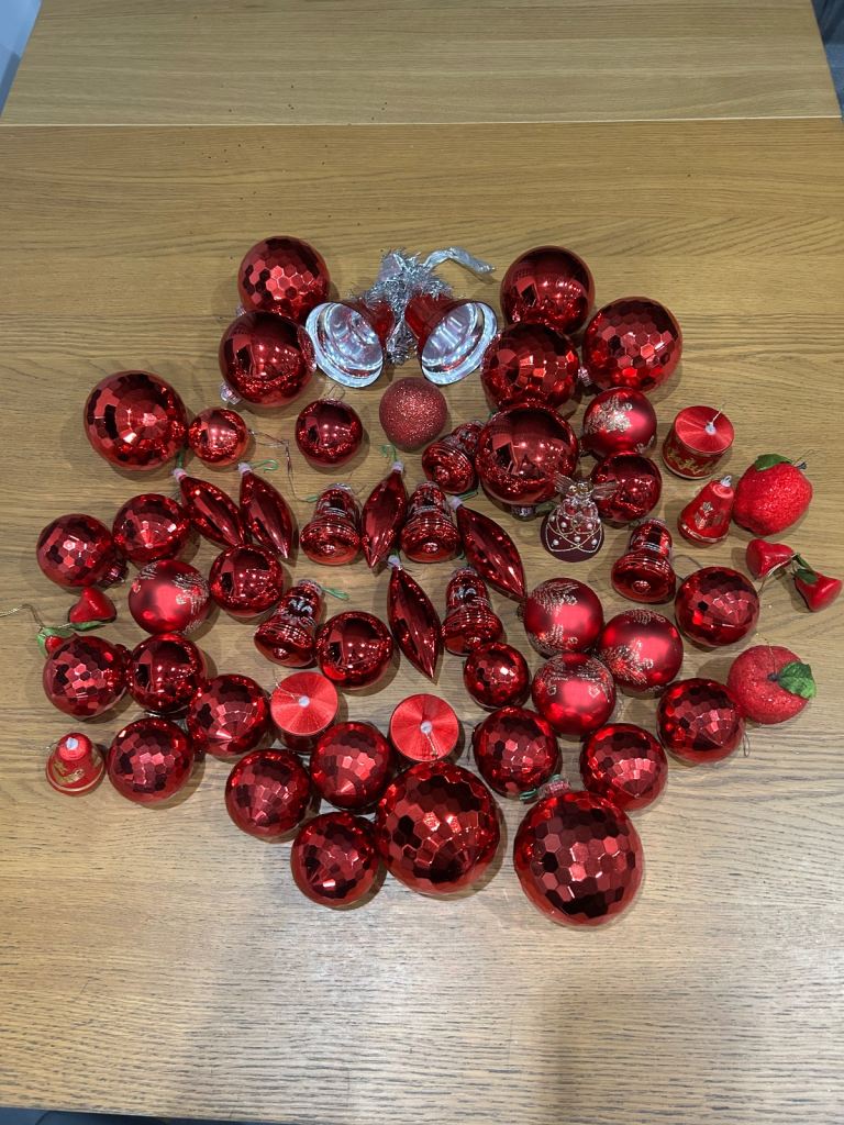 Fantastic vintage red Christmas tree decorations,  baubles,teardrops ,bells etc great condition 