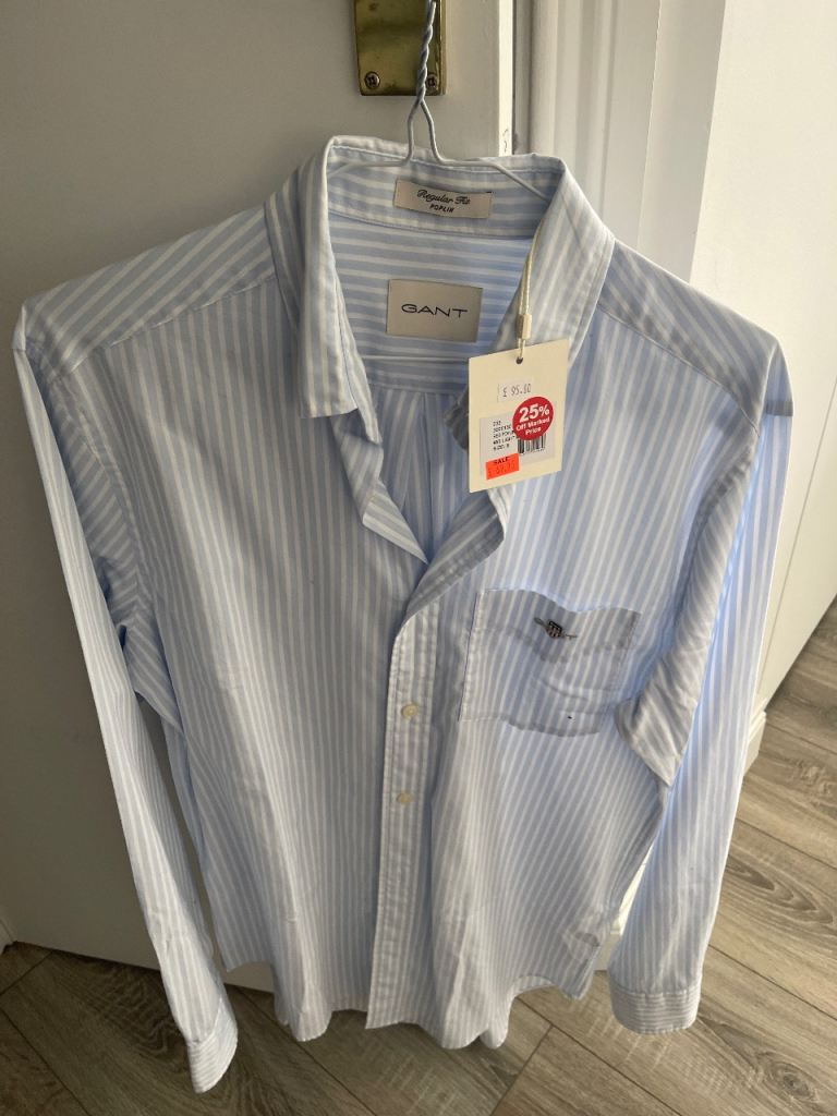 New GANT Men's Formal Shirt - Light Blue Stripe, Size 42cm