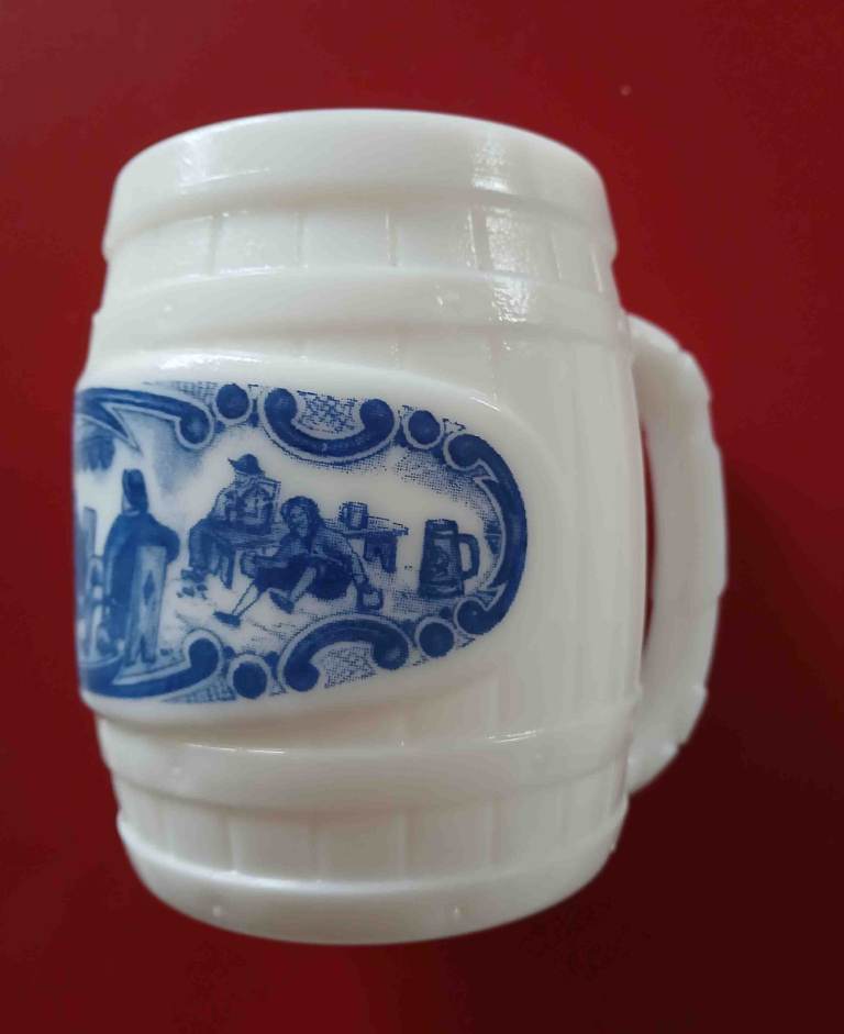White Glass - Rare Vintage Barrel Shape Tankard - Blue Tavern Scene