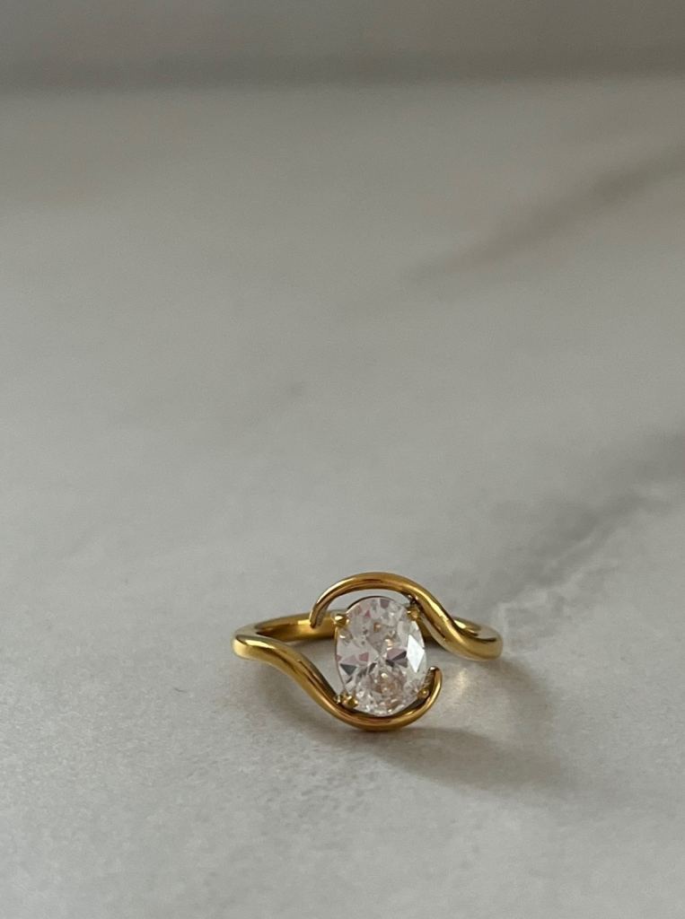 18k Gold Plated Stainless Steel Cubic Zirconia Women’s Vintage Style Oval Ring New