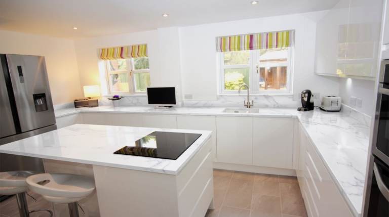 Wren Luxury Laminate Kitchen Worktops and TekWall in Carrara Bianco Matt. Brand New