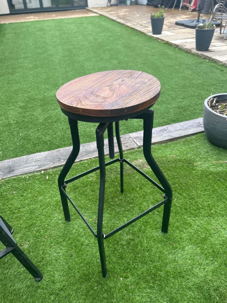 Adjustable Industrial Bar Stool - Solid Wood Top & Black Metal Frame