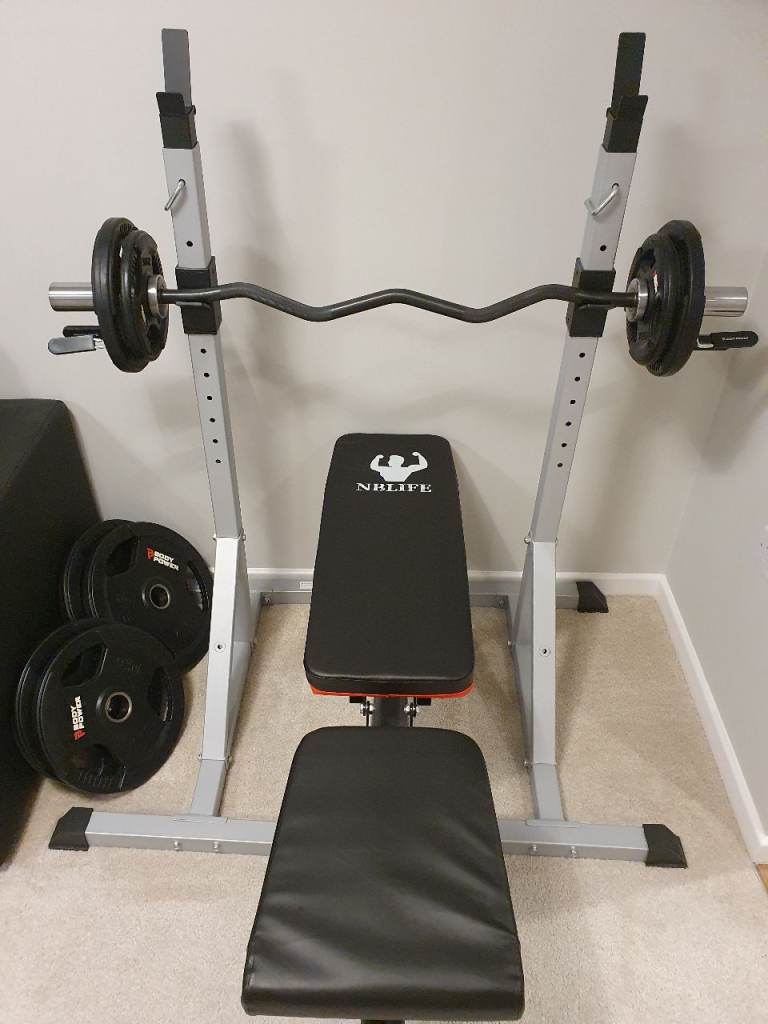 Home Gym, EZ Curl Bar + Body Power Plates + Squat Racks + Bench Weight ...