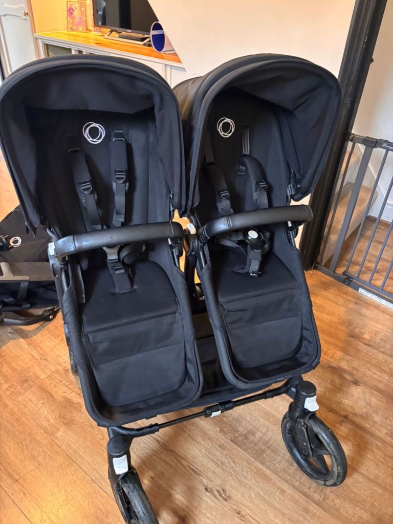 Midnight Black, Bugaboo Donkey 5 Duo double pram & carry cot, with accessories