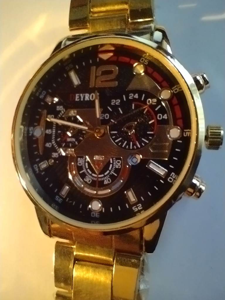 GENTS 'GENEVA' CHROMED GOLD COLOURED BRACELET QUARTZ WATCH