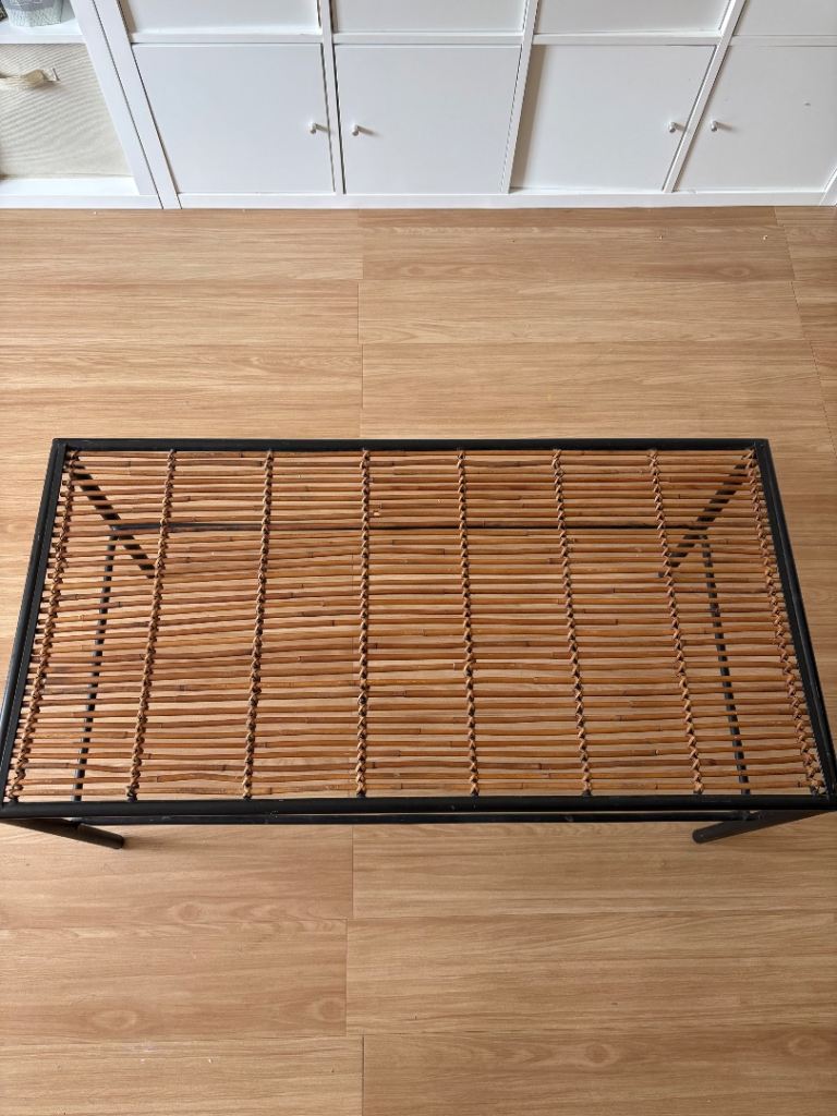 Vintage Bamboo Rattan & Black Metal Coffee Table – Retro Boho Style