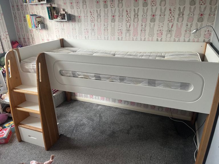 Kids Mid Sleeper Bed with Ladder and Storage