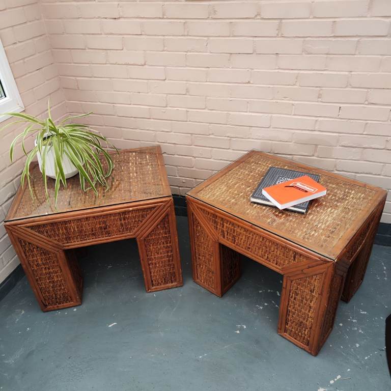 Pair of Vintage Rattan & Wood Side Tables – Glass Tops – Retro Boho
