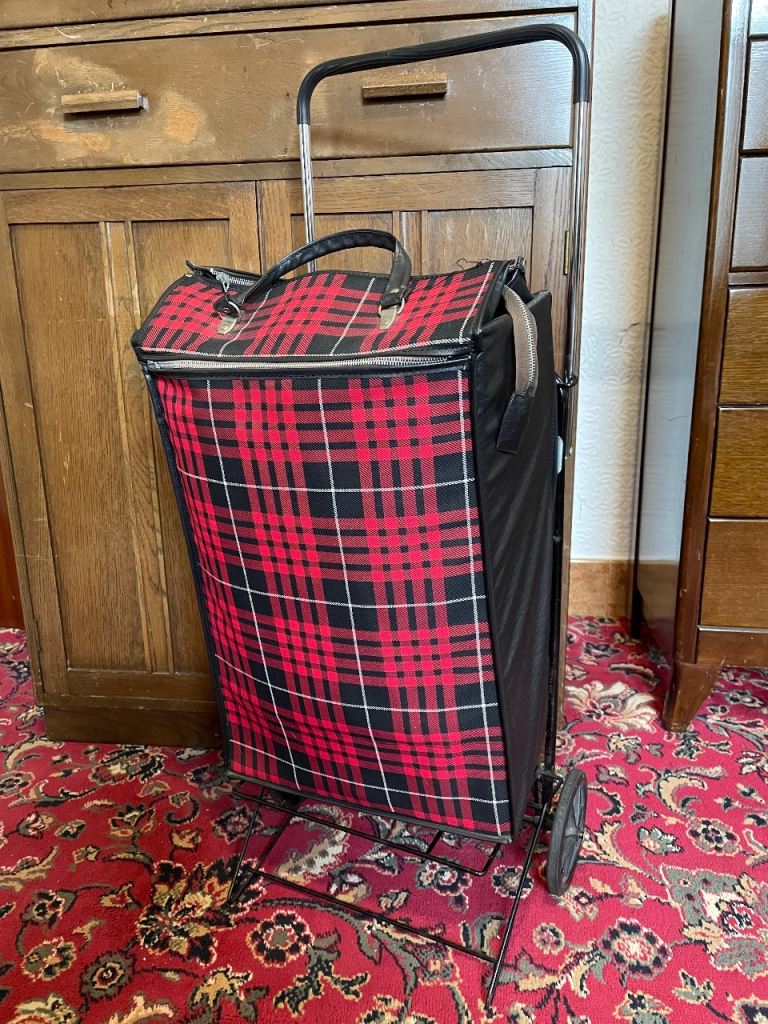 Red white and black tartan shopping trolley bag