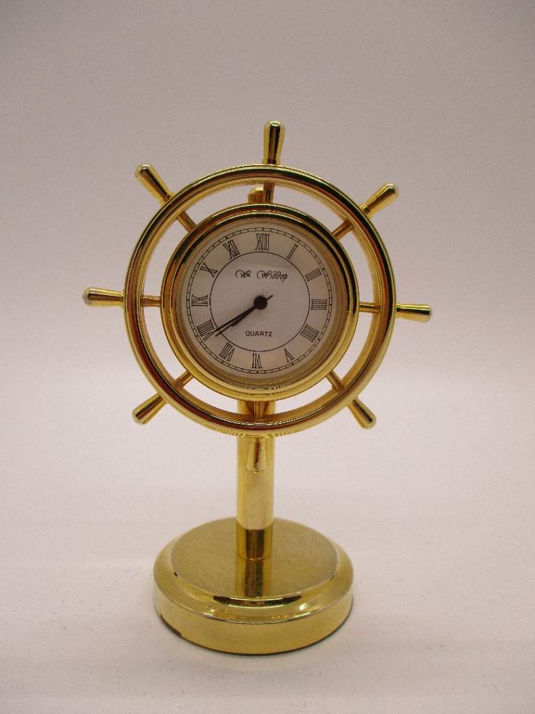 Vintage Wm Widdop Solid Brass Miniature Quartz Clock - Ship's Wheel