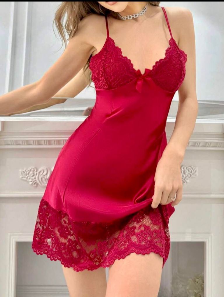 image for New Size Medium Will Fit Size 10,12 & 14 Red Satin Nightie Stretchy 