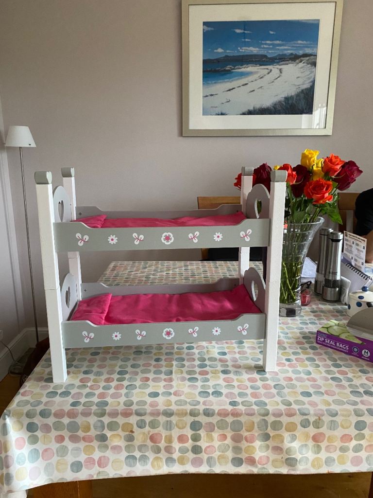 Wooden Doll Bunk Beds – Grey with Pink Bedding