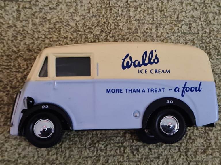 Corgi die-cast model of a classic Wall's Ice Cream van, featuring blue and cream colours
