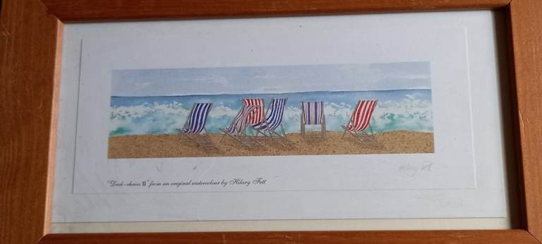 Framed And Signed Water Colour of Deckchairs By Hilary Fett