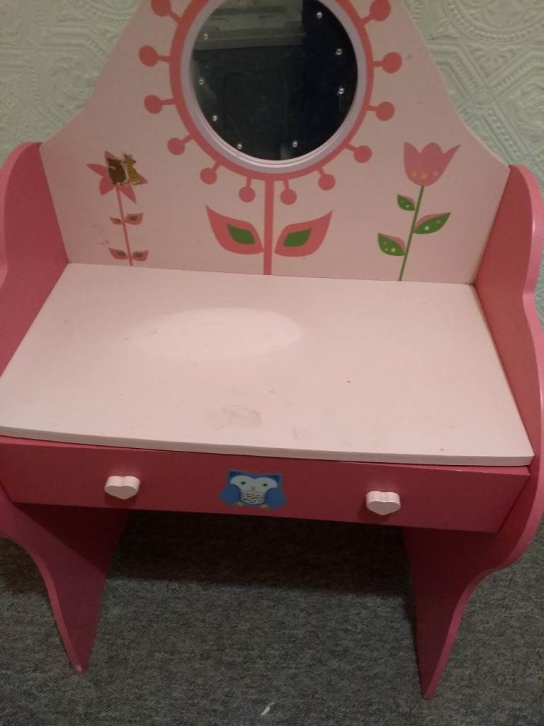 Girls small dressing table or desk. Pink hand painted flowers design with mirror.