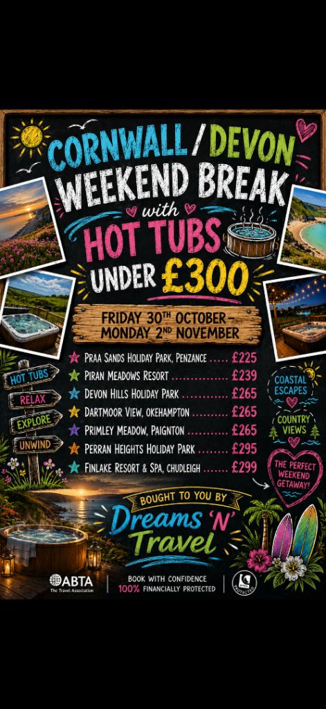 Cornwall/Devon Weekend Break with Hot Tubs - Under £300