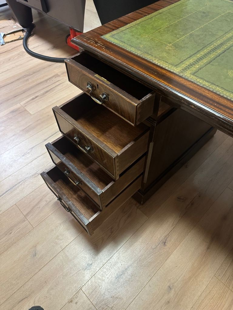 Large Antique Style Captains Bankers Desk Green Leather Twin Pedestal Partners #32